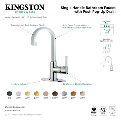 Kingston Brass Continental Single-Handle 1-Hole Deck Mount Bathroom Faucet with Push Pop-Up