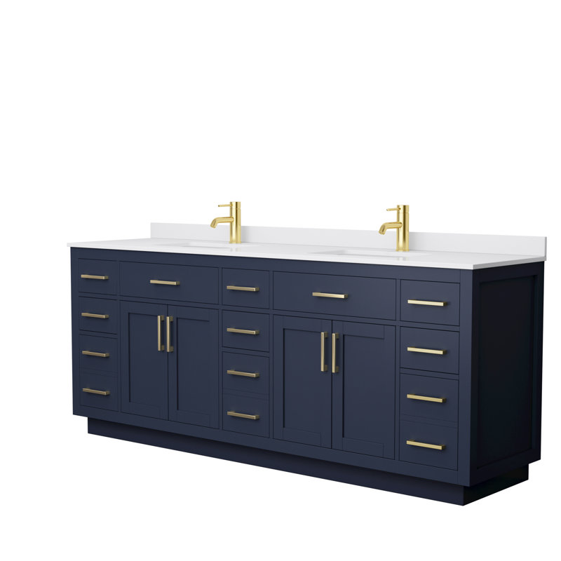 Beckett TK 84'' W Double Vanity, Dark Blue, White Cultured Marble, Brushed Gold