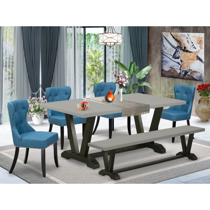 6-piece Table Set Consists of a Cement Dinner Table a Small Bench and 4 Blue Linen Fabric Dinner Chairs - Wire Brushed Back Finish