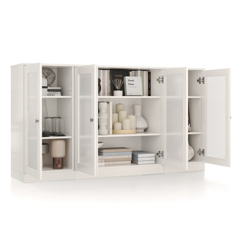 100% Solid Wood 65" Sideboard with Frosted Glass Doors and Adjustable Shelves, White