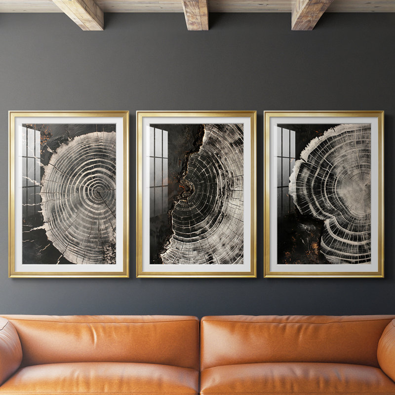 ABSTRACT Series CXC III - Impression sur mesure avec cadre de qualité supérieure - 3 pièces, H 39 po x l 81 po, Doré