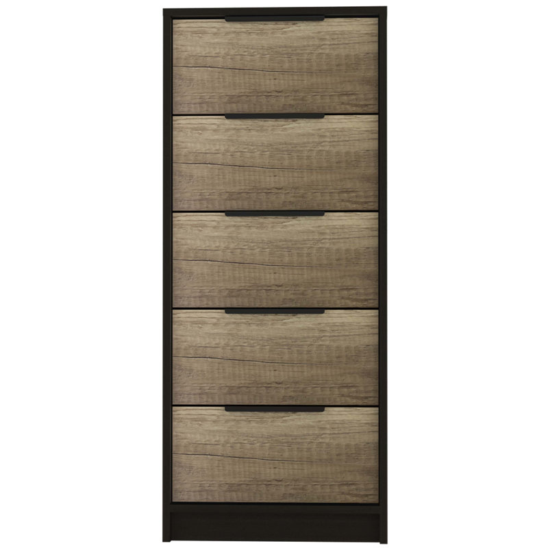 Commode 5 tiroirs, commode verticale, Noir / chêne clair