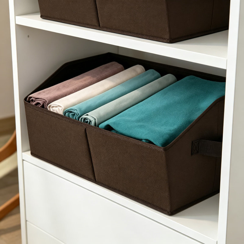 Paniers de rangement décoratifs avec poignées pour tablettes, bacs de rangement trapézoïdaux pour l'organisation, bacs de rangement pour vêtements, livres, maison, bureau, paquet de 4, brun