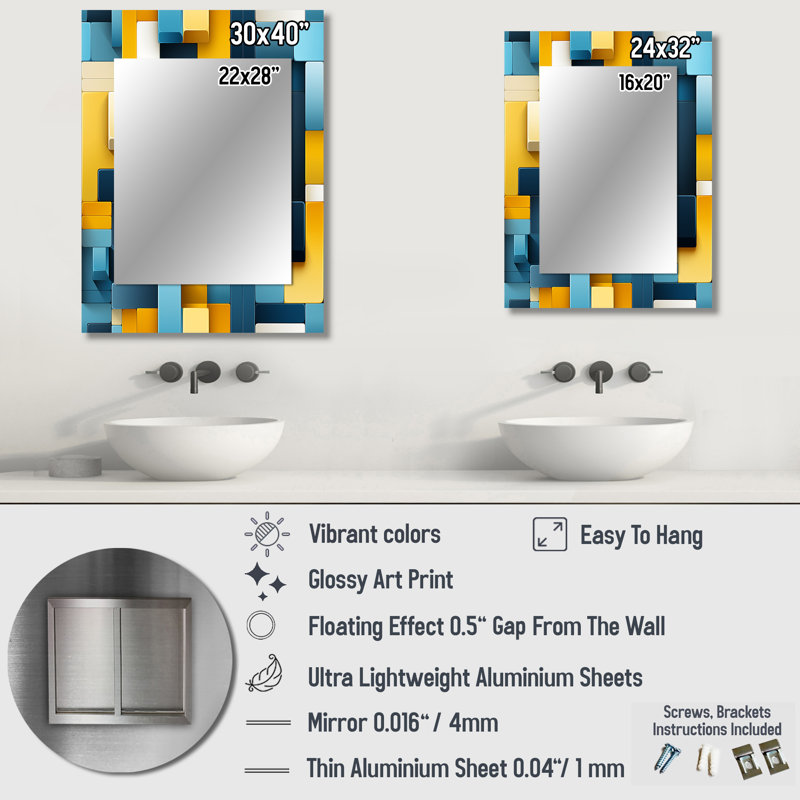 Yellow And Blue Geometric Blocks Harmony - Geometric  Decorative Wall Mirror, Geometric Large Mirror, Printed Metal Art