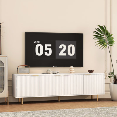 Modern White Tv Cabinet With Power Outlet, 68" Fluted For 55+ Inch Tv, Entertainment Center Storage Doors, Console Living Room Stand 70-79 Lockers, Media