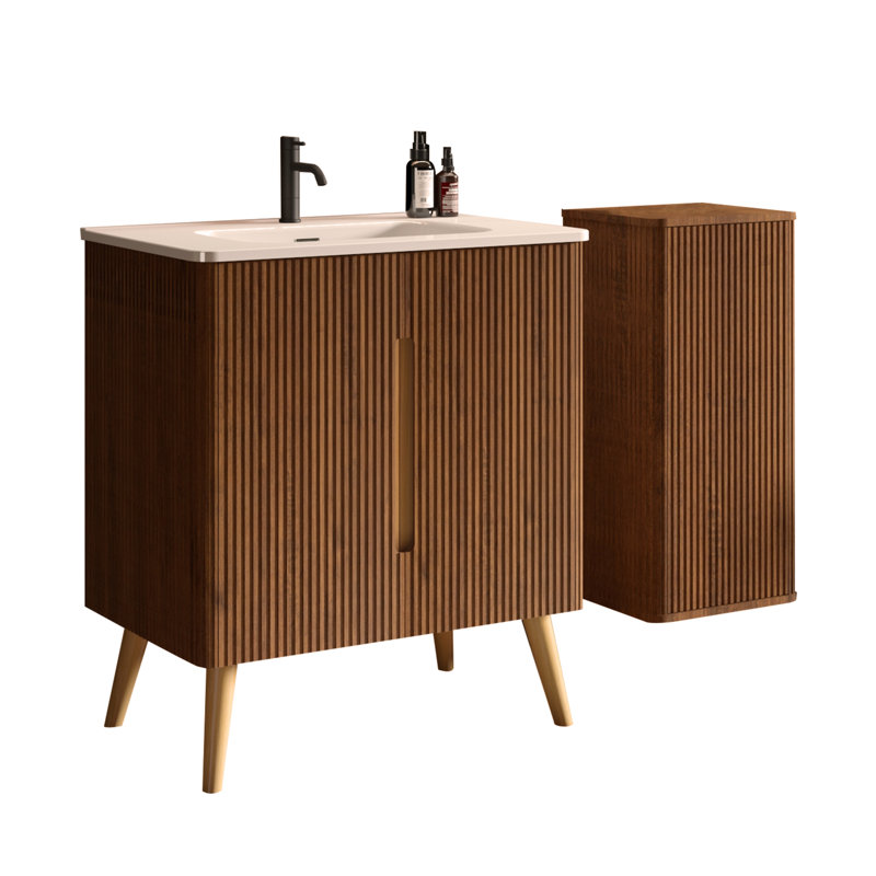 Ensemble de meuble-lavabo rayé en noyer rayé 30 po avec lavabo et armoire latérale Etna