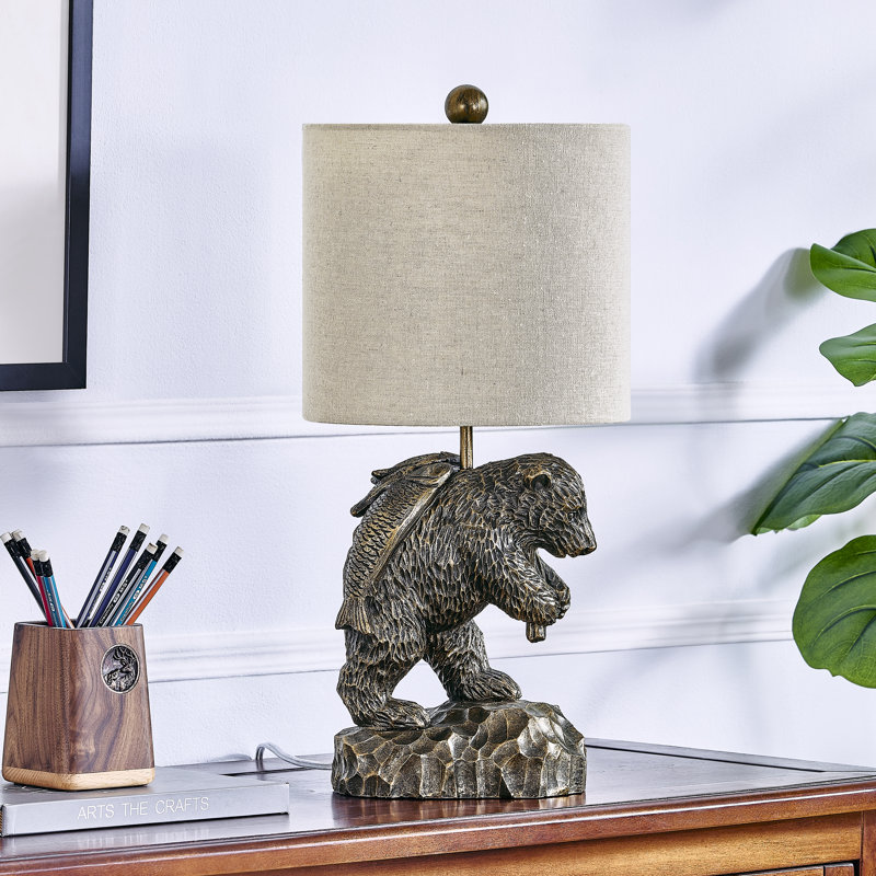 20.75" Bronze Fishing Bear Resin Table Lamp With Shade