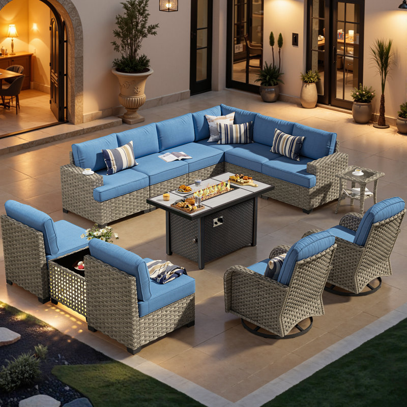 Ensemble de patio extérieur en osier toutes saisons 10 personnes avec foyer d'extérieur, Bleu denim