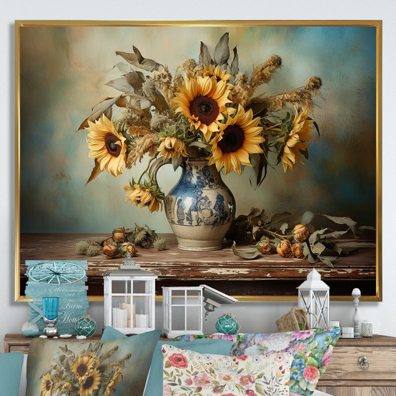«Vintage Sunflowers Bouquet Still Life II», reproduction sur toile, H 34 po x l 44 po x P 1,5 po, Cadre flottant doré