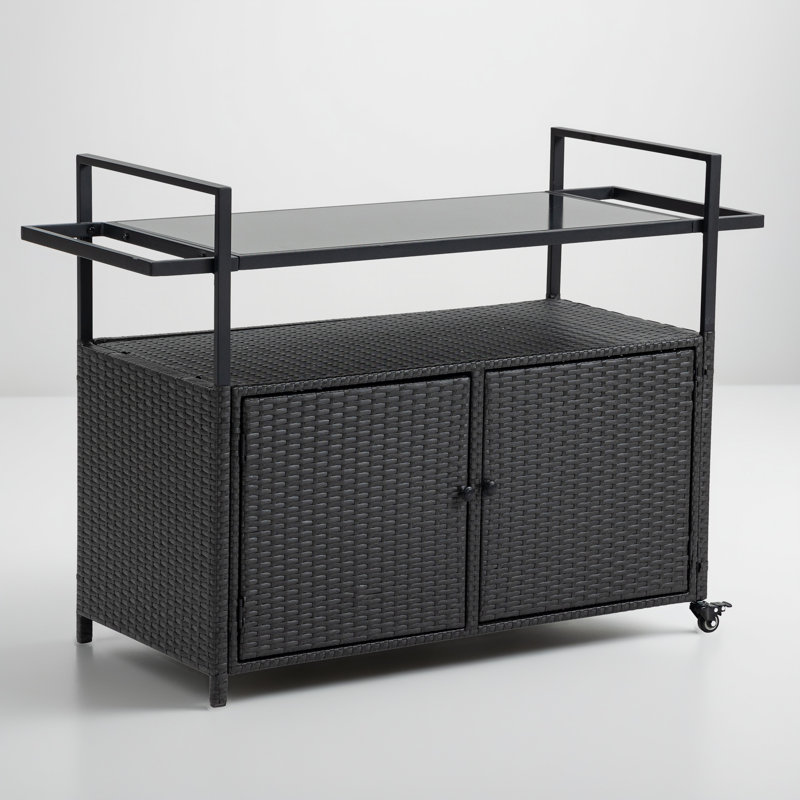 Rectangular Rattan Bar Cart On Wheels, Black