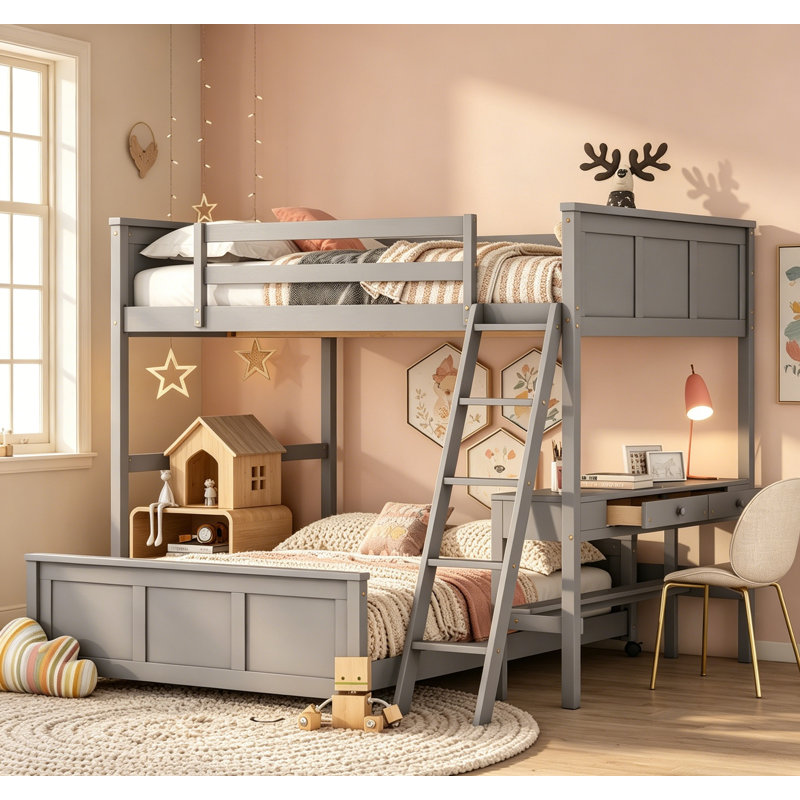 Lit double superposé double avec bureau et rangement, gris, peu encombrant et durable pour les chambres modernes