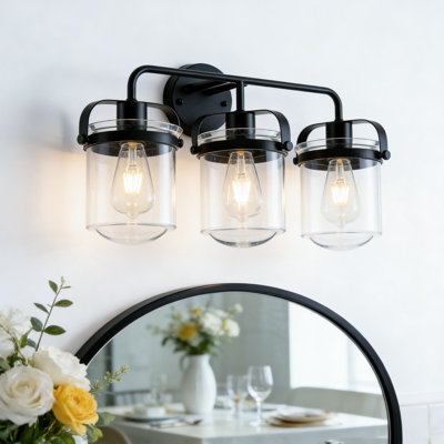 3-Light Dimmable Matte Black Armed Sconce With Clear Glass Shade (Bulb Not Included)