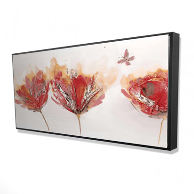 Crimson Flowers And Butterfly Print On Canvas