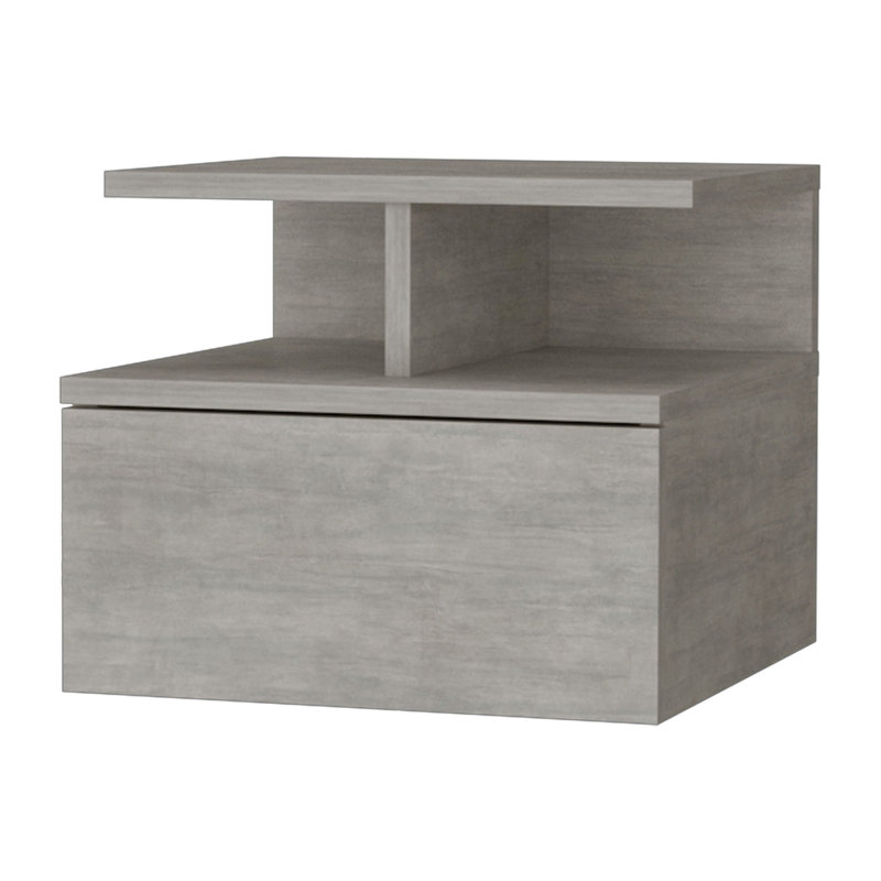 Table de chevet en béton gris avec 2 tablettes et un tiroir spacieux avec rangement intérieur, Gris clair