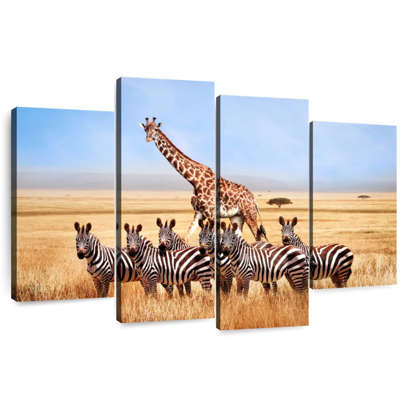 African Zebras And Giraffe, 22" H x 36" W