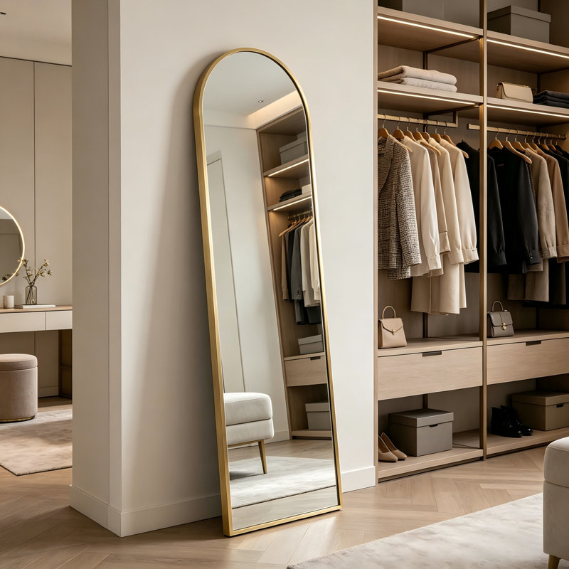59/64/71-Inch Black And Gold Floor Mirrors, Rust-Resistant Aluminum Frames, Available In Arched And Rectangular Styles.
