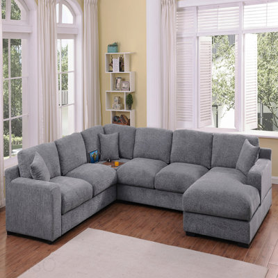 128"W Light Gray Chenille Fabric Corner Sectional Sofa With Right-Facing Chaise, Cupholders, And Charging Ports
