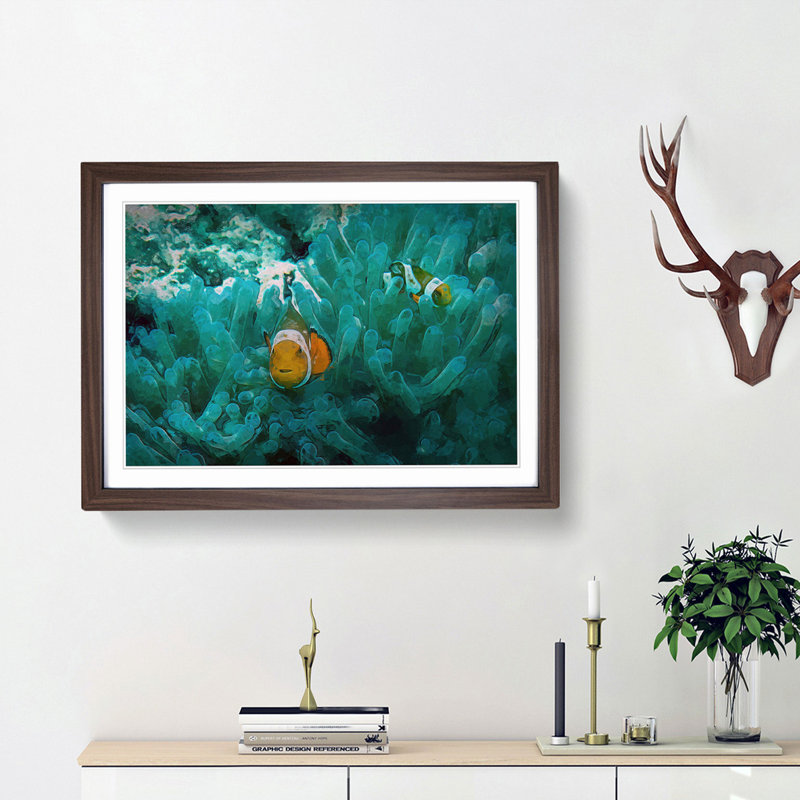 Clownfish and Sea Anemone in Abstract - Picture Frame Graphic Art Print, Walnut Framed, 48cm H x 65cm W x 2cm D