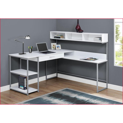 Bureaux, bureau de coin en L avec rangement, métal gris stratifié blanc moderne | Blanc | Panneau de fibres à densité moyenne