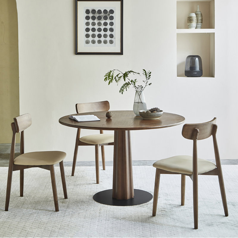 Walnut+Black Round Solid Wood Dining table, 29.53"H x 39.37"L x 39.37"W