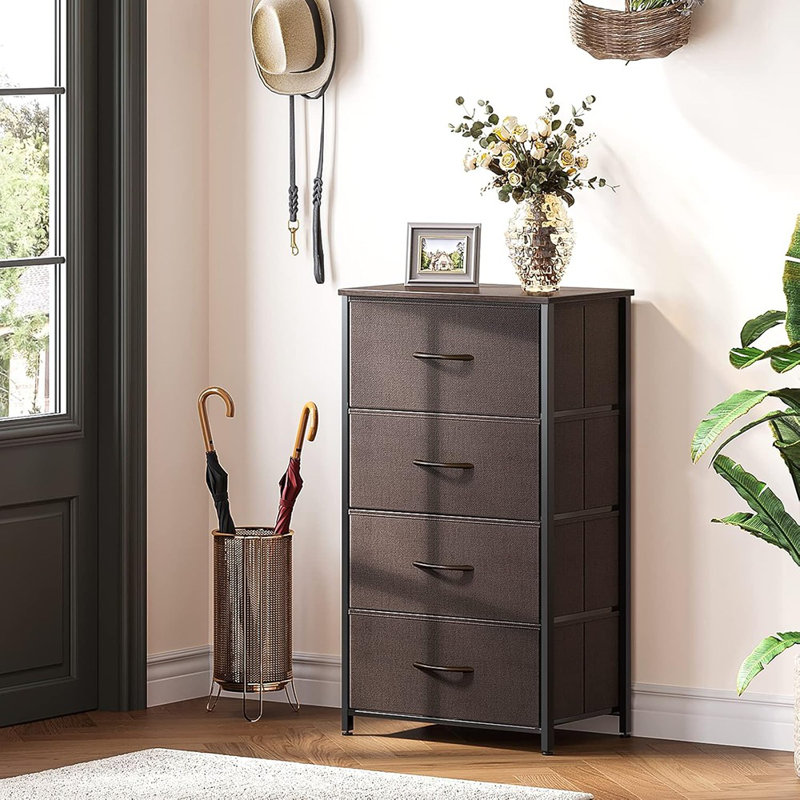 Commode pour chambre à coucher avec 4 tiroirs de rangement, petite commode à tiroirs en tissu avec structure en acier robuste, plateau en bois