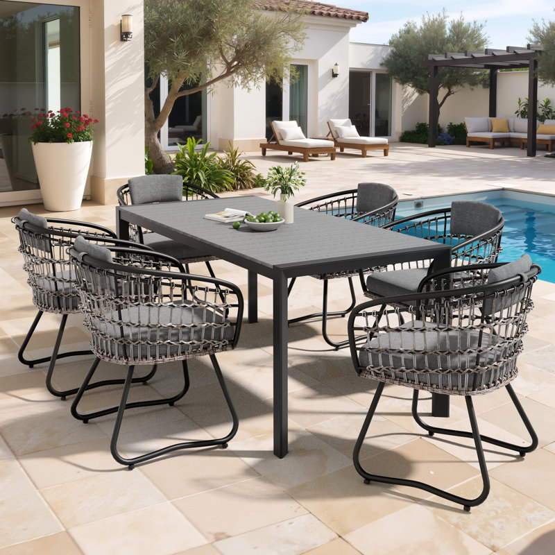 6 - Person Aluminum Patio Dining Set With Rattan Chairs And Umbrella Hole, Gray Cushion/Dark Gray Table Top
