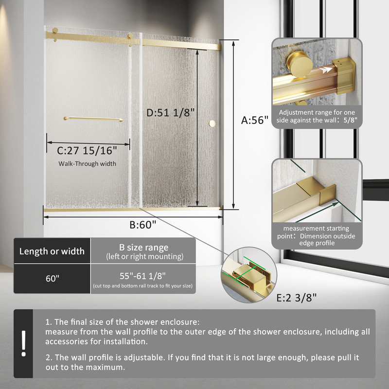Bathtub Sliding Door 55"-60"W x 56"H Tempered Rain Glass with Explosion-Proof Film Stainless Steel Brushed Gold, Brushed Gold