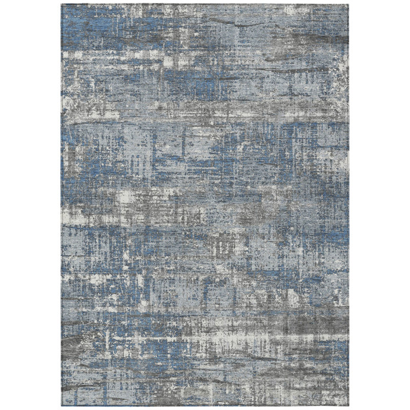 Tapis extérieur lavable à motif géométrique bleu et gris 10 pi x 14 pi