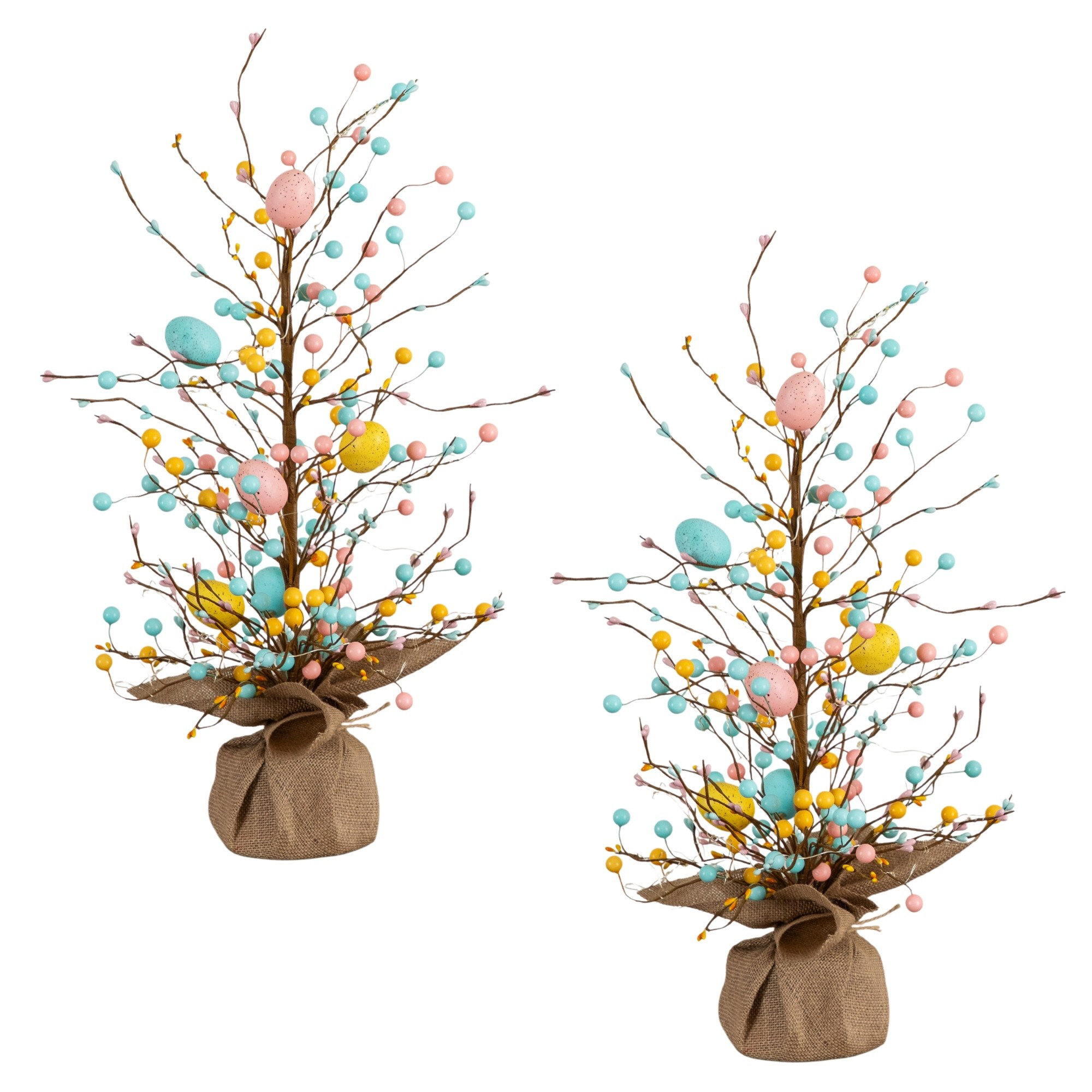 18In. Pre-Lit Artificial Easter Egg Twig Tree With 30 LED Lights In Burlap Wrapped Base - Set Of 2, 24"H x 12"W x 12"D