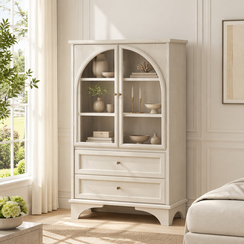 Armoire de rangement moderne moderne avec portes arquées en verre et tablette réglable, Blanc