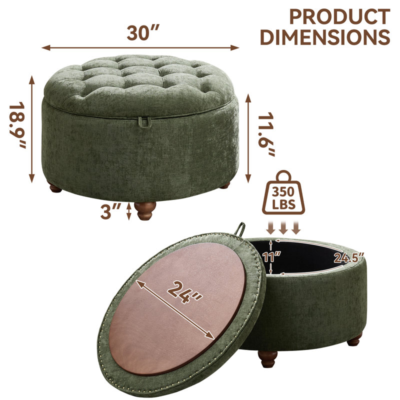 30’’ Wide Upholstered Tufted Round Storage Ottoman, Green Chenille