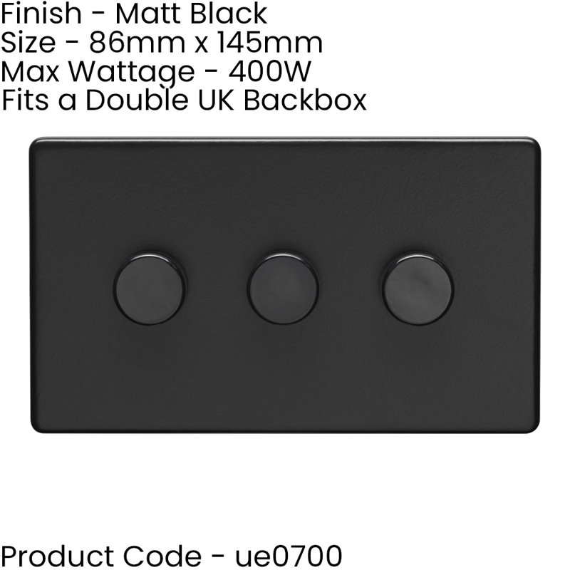 3 Gang Rotary Dimmer Switch 2 Way LED SCREWLESS SATIN BRASS Light Dimming Wall, Matte Black, Black