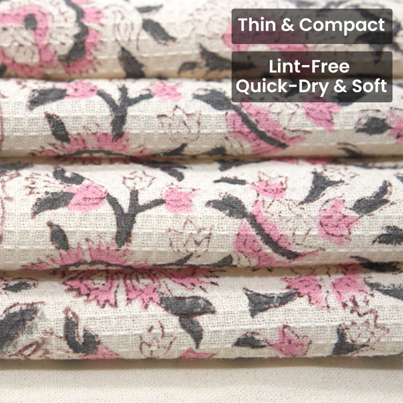 Hand Towel Block Floral Print Honey Comb Weave 17"X32 Inches Set of 2 Cotton, Pushplata
