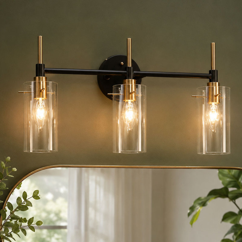 Éclairage pour meuble-lavabo moderne en verre transparent à 3 lumières à intensité variable, 3 lumières, Noir mat / Or