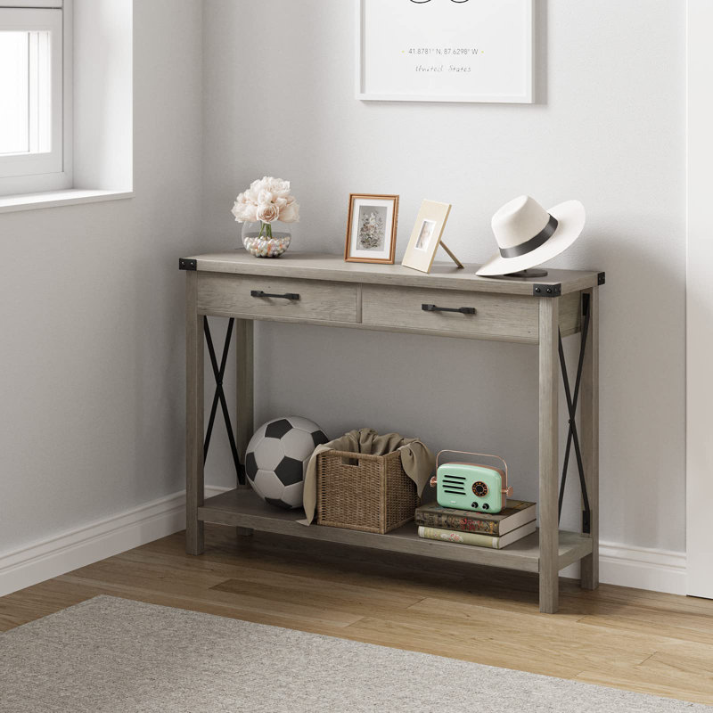 Console Table With 2 Drawers, Farmhouse Sofa Table With Storage Shelf, Accent Wood Entryway Table, Grey