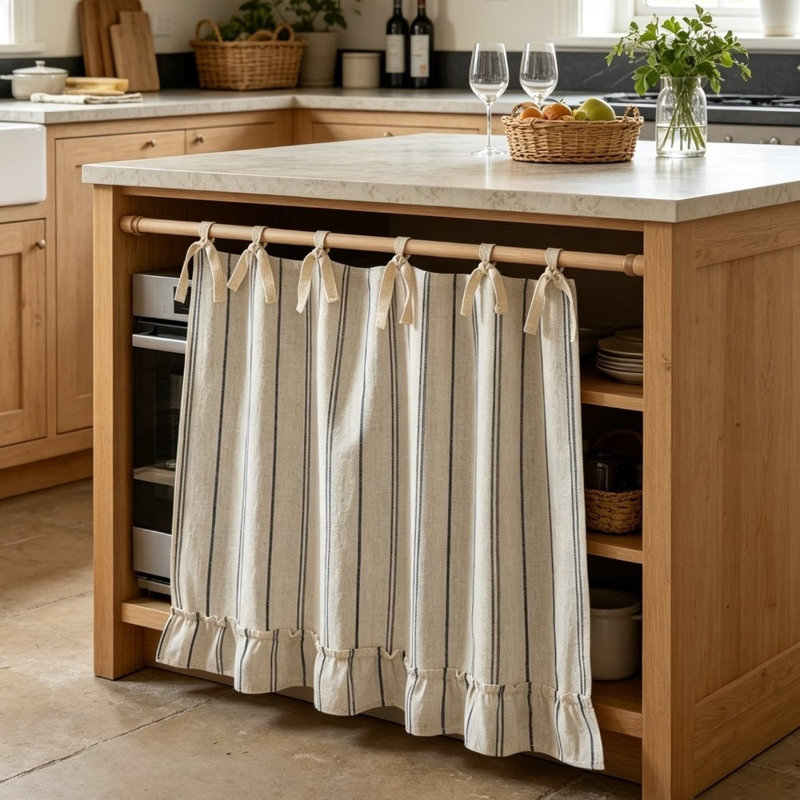 Jupe de four à rayures style ferme, rideau de porte de four décoratif en coton et lin avec attaches en ruban et ourlet à volants, rideau à rayures neutres pour cuisine et placard