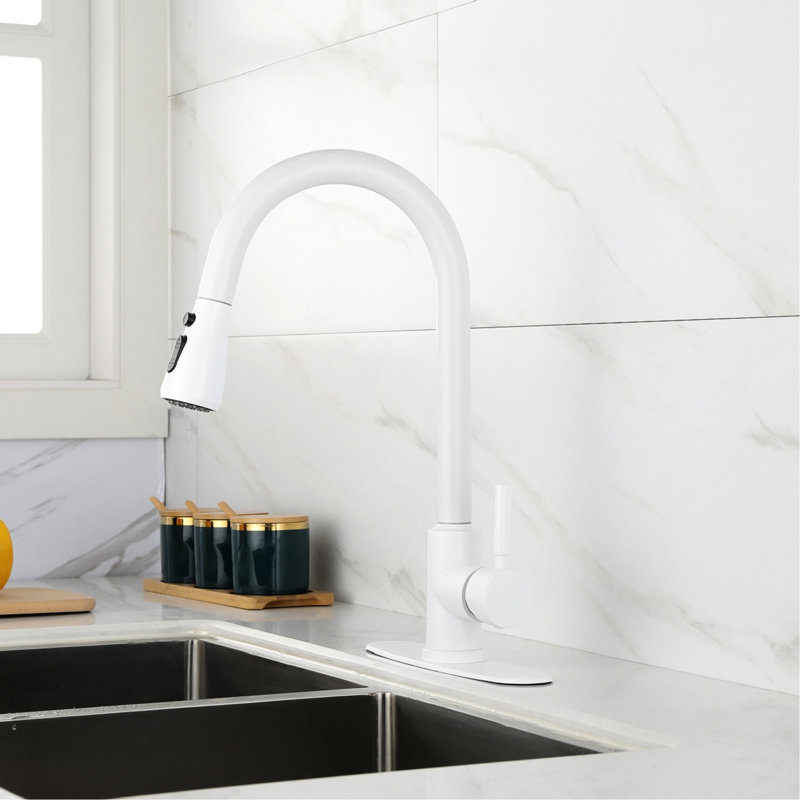 Stainless Steel Kitchen Faucet In White, Pull Out Spray For Convenient Water Access, 360 Rotatable Nozzle, Two Output Modes, Simple Single Handle Operation White With Spray, And Contemporary Design,