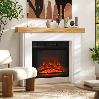 Manteau de cheminée autoportant moderne, finition grain de bois naturel, large contour de 51,2 po pour foyers électriques