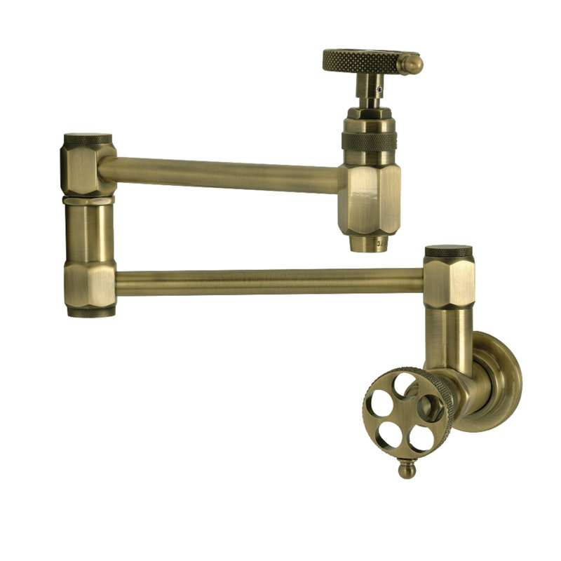 Kingston Webb Two-Handle 1-Hole Wall Mount Pot Filler Faucet With Knurled Handle, Antique Brass