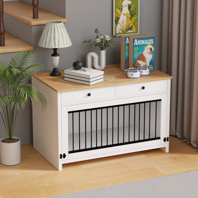 Meuble télé en bois avec cage pour chien, maisonnette d'intérieur pour chat avec 2 tiroirs de rangement et porte escamotable, armoire résistante à la mastication, blanc rustique