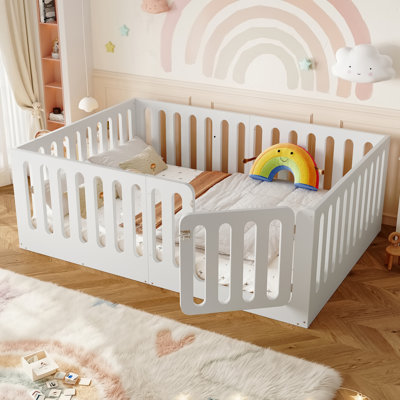 Kids Full Montessori Floor Bed with Safety Fence and Gate