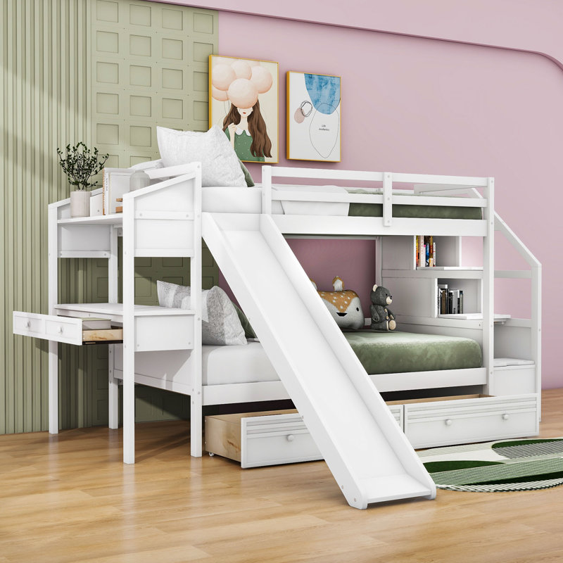 Haubert Kids Bed with Slide, Drawers and Shelves, White