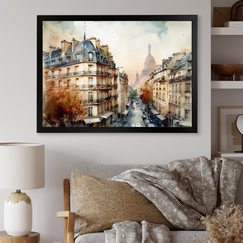 Aquarelle de Paris, France I sur impression sur toile, Cadre noir, H 12 po x l 20 po x P 1 po
