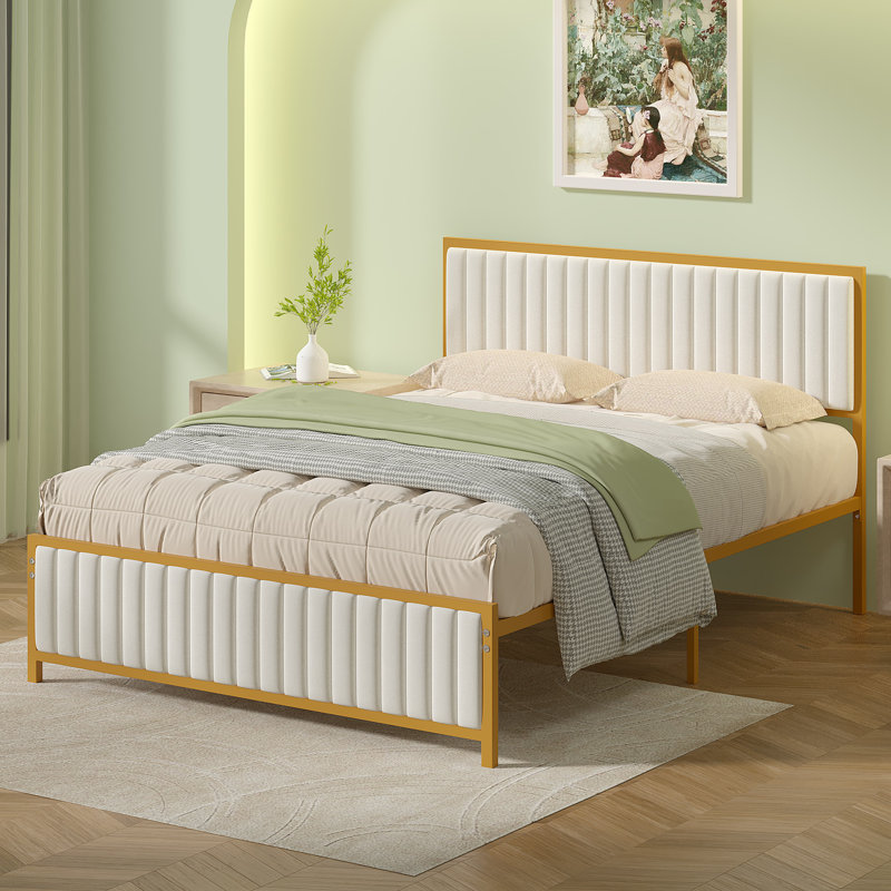 Metal Platform Bed Frame With Upholstered Headboard And Footboard, Heavy Duty Steel Slats Platform Bed, No Box Spring Needed