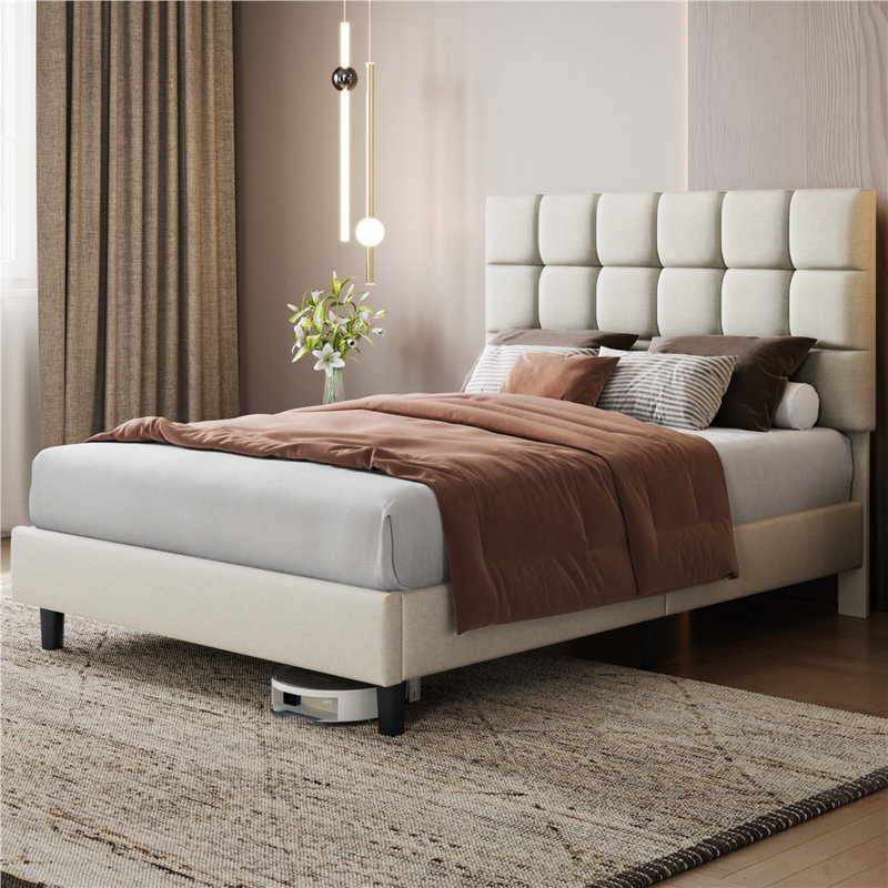 Size Modern Upholstered Bed Frame with Adjustable Square Tufted Headboard, Beige, Kingsize (5')