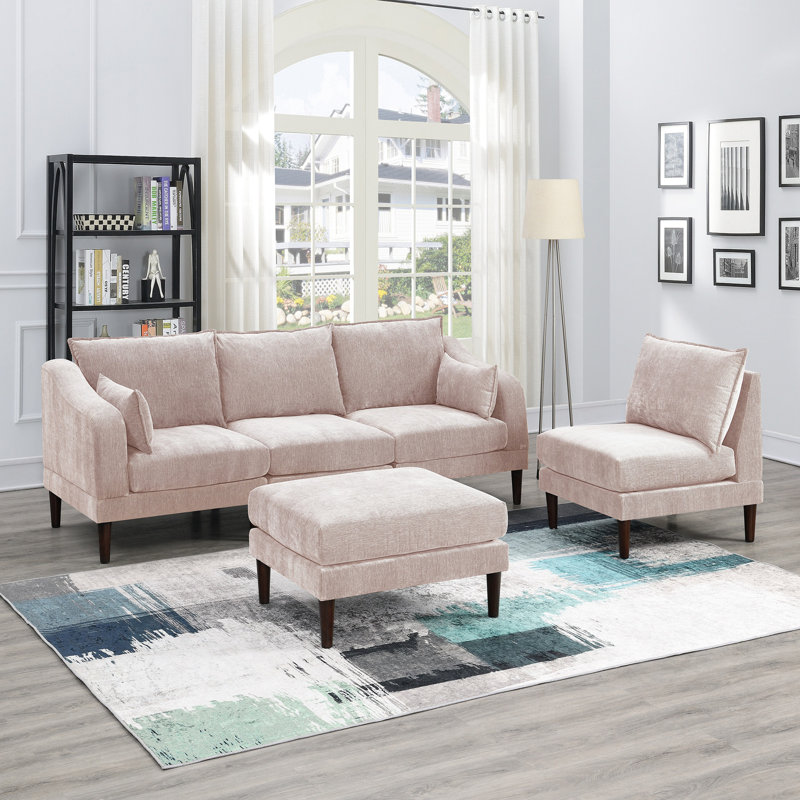 Ensemble modulaire 5 pièces, 2 fauteuils à 2 accoudoirs, 2 chaises sans accoudoirs, 1 repose-pieds, tissu Morgan, Suède rose