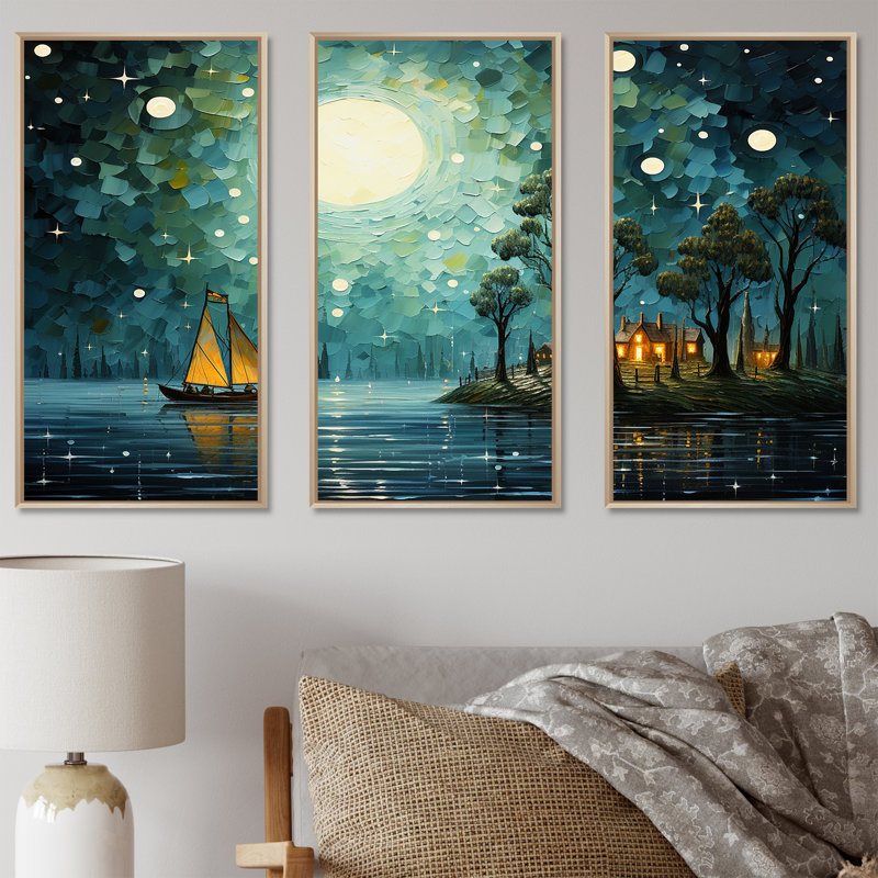 «Moonlight Whimsical Pirate Ship Tales Of The Tides» - ensemble de reproduction d'art mural pirate, Cadre flottant érable