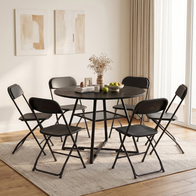 Space-Saving Dining Room Set With Foldable Upholstered Chairs And Round Dining Table