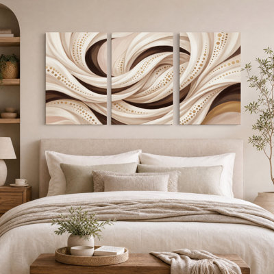 Abstract Beige And Brown Swirls With Gold Dots Set Of 3 Canvas Wall Art