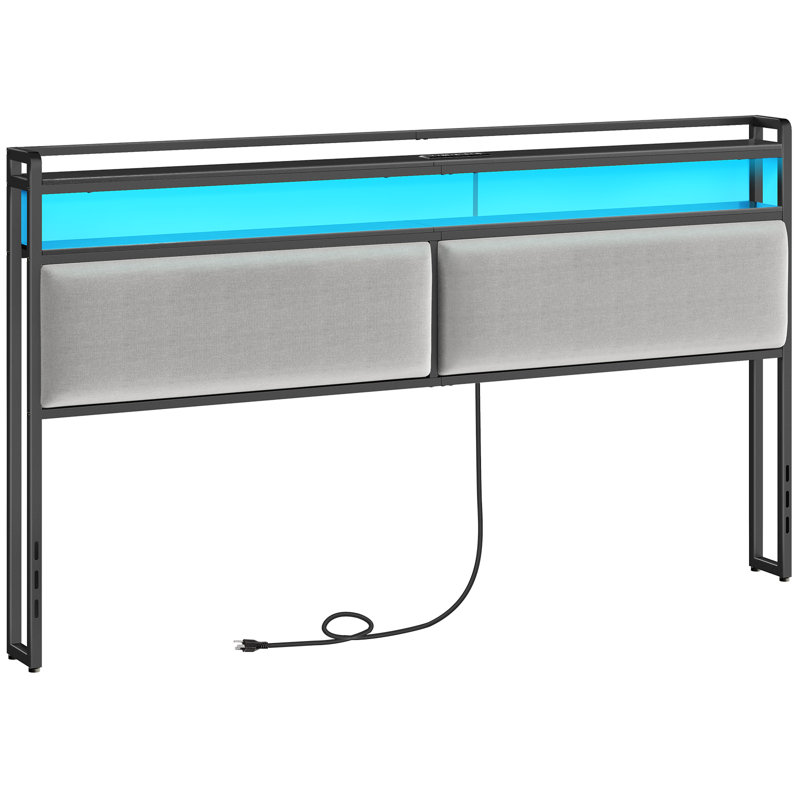 Makieh Upholstered Headborad with Charging Station and Led Lights, King